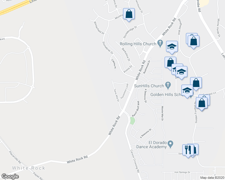 map of restaurants, bars, coffee shops, grocery stores, and more near 3536 Terra Alta Drive in El Dorado Hills