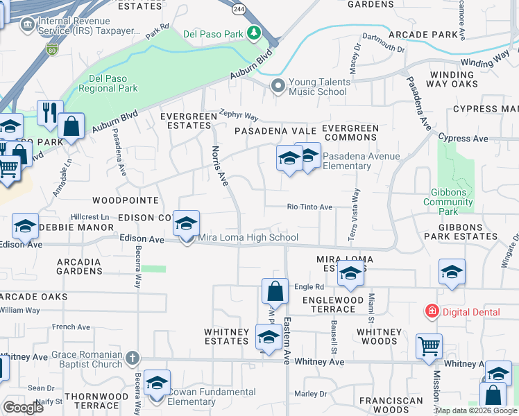 map of restaurants, bars, coffee shops, grocery stores, and more near 3835 Spencer Way in Sacramento