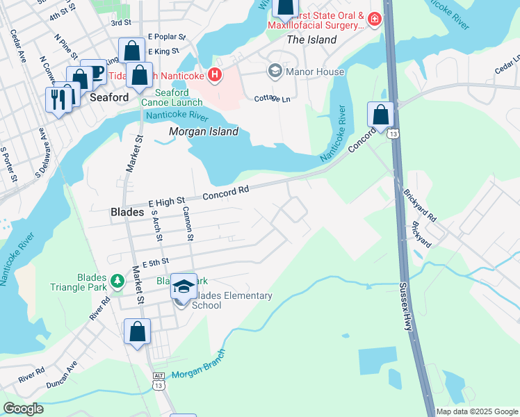 map of restaurants, bars, coffee shops, grocery stores, and more near 404 Summit Drive in Blades