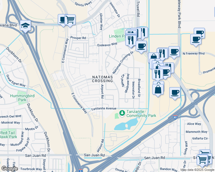 map of restaurants, bars, coffee shops, grocery stores, and more near 2370 Cashaw Way in Sacramento