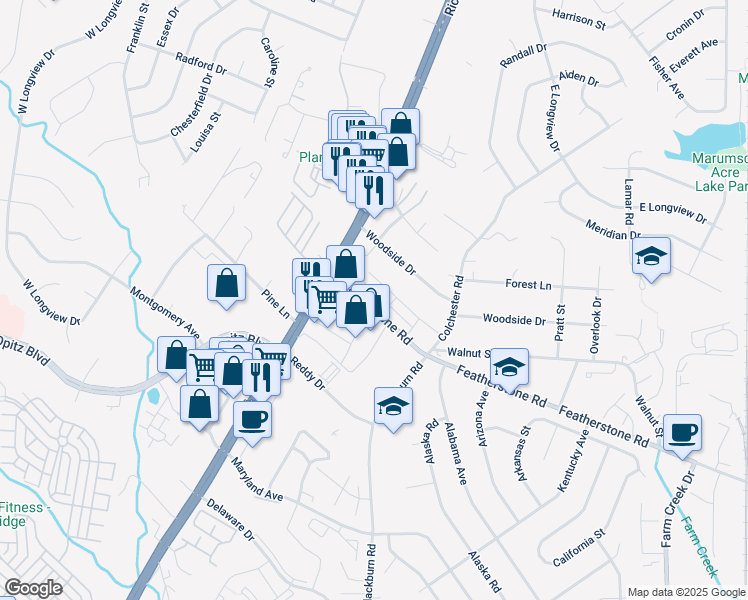 map of restaurants, bars, coffee shops, grocery stores, and more near 14620 Featherstone Gate Drive in Woodbridge