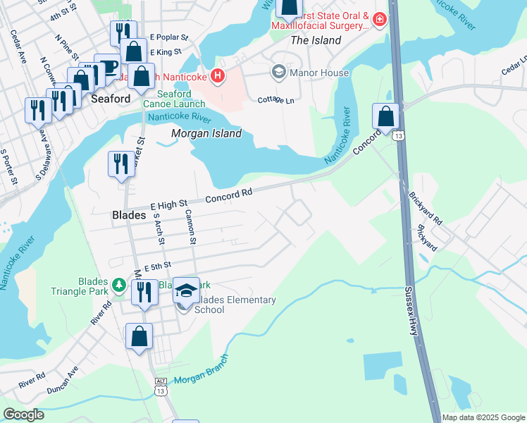 map of restaurants, bars, coffee shops, grocery stores, and more near 404 Summit Drive in Blades