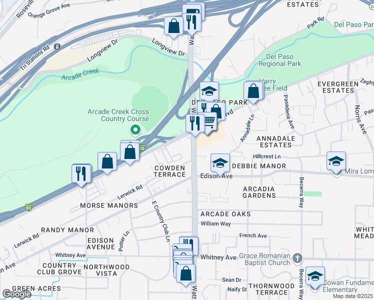map of restaurants, bars, coffee shops, grocery stores, and more near 3901 Watt Avenue in Sacramento