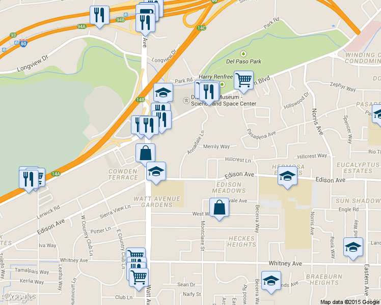 map of restaurants, bars, coffee shops, grocery stores, and more near 3831 Annadale Lane in Sacramento