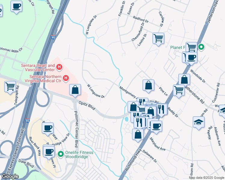 map of restaurants, bars, coffee shops, grocery stores, and more near 2105 West Longview Drive in Woodbridge