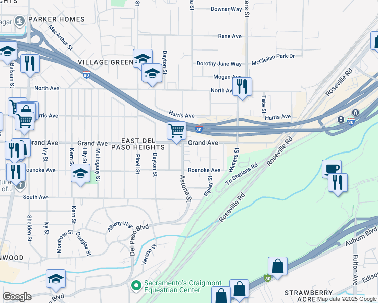 map of restaurants, bars, coffee shops, grocery stores, and more near 3732 Astoria Street in Sacramento