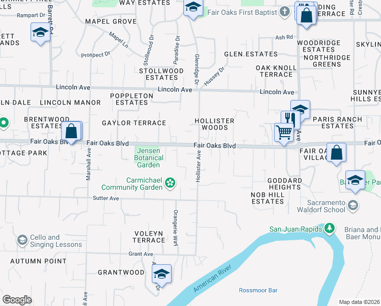map of restaurants, bars, coffee shops, grocery stores, and more near 3925 Hollister Avenue in Carmichael