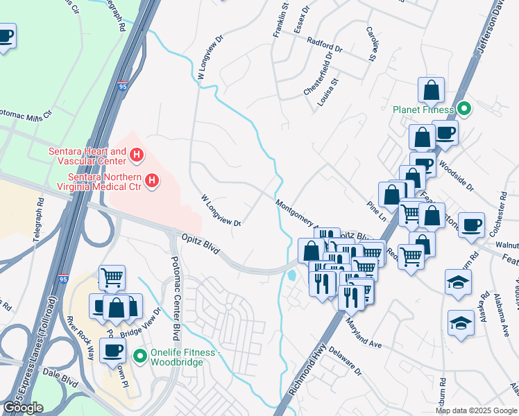 map of restaurants, bars, coffee shops, grocery stores, and more near 2105 West Longview Drive in Woodbridge