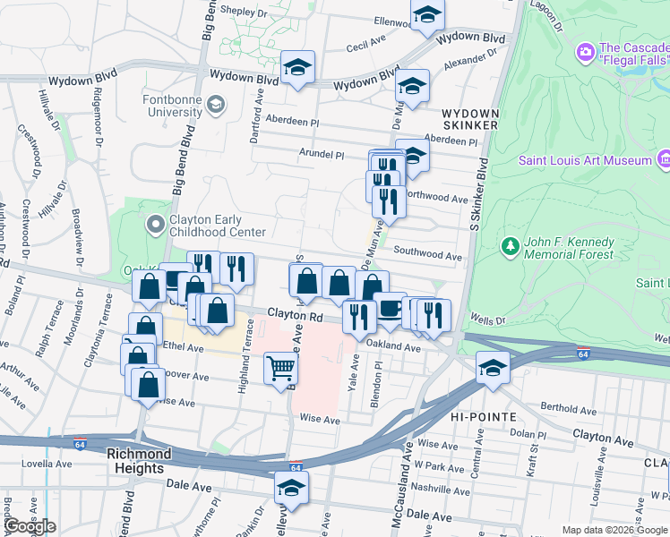 map of restaurants, bars, coffee shops, grocery stores, and more near 6428 San Bonita Avenue in St. Louis