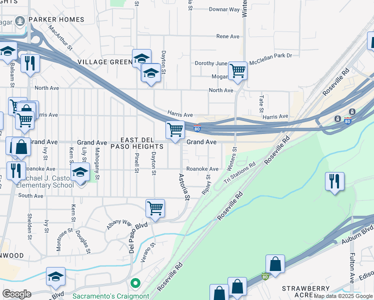 map of restaurants, bars, coffee shops, grocery stores, and more near 3732 Astoria Street in Sacramento
