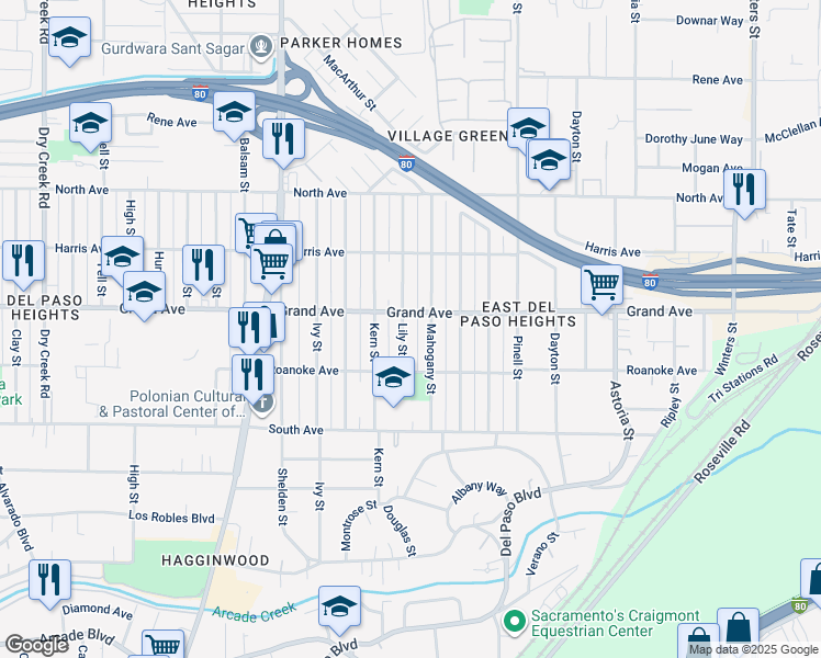 map of restaurants, bars, coffee shops, grocery stores, and more near 3725 Mahogany Street in Sacramento