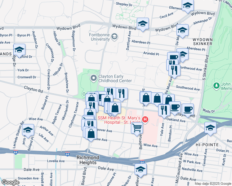 map of restaurants, bars, coffee shops, grocery stores, and more near 6625 Alamo Avenue in Clayton