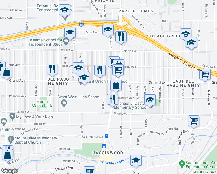 map of restaurants, bars, coffee shops, grocery stores, and more near 3729 Balsam Street in Sacramento