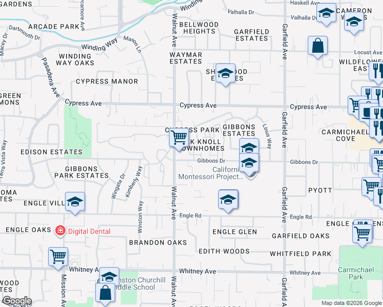 map of restaurants, bars, coffee shops, grocery stores, and more near 5207 Gibbons Drive in Carmichael