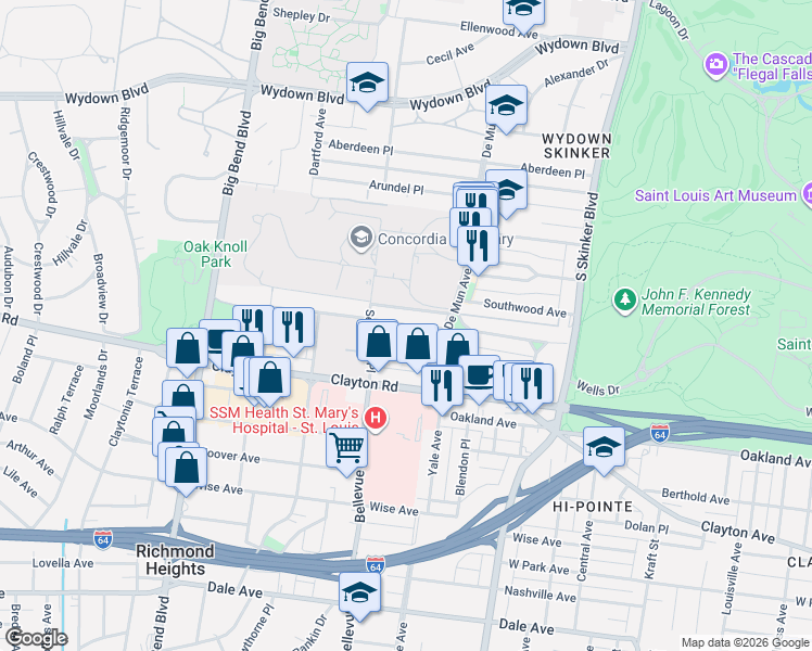 map of restaurants, bars, coffee shops, grocery stores, and more near 6436 San Bonita Ave in Clayton