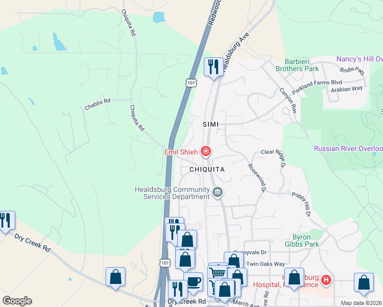 map of restaurants, bars, coffee shops, grocery stores, and more near 51 Chiquita Road in Healdsburg