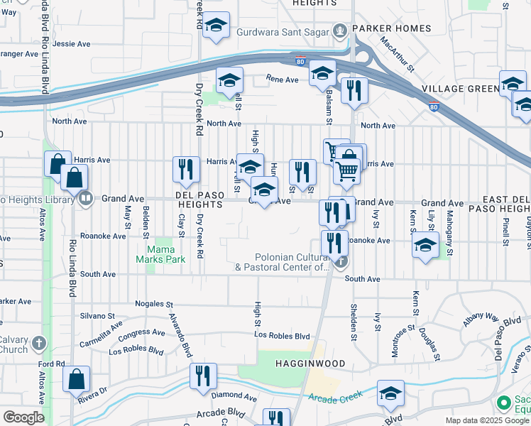 map of restaurants, bars, coffee shops, grocery stores, and more near 1400 Grand Avenue in Sacramento