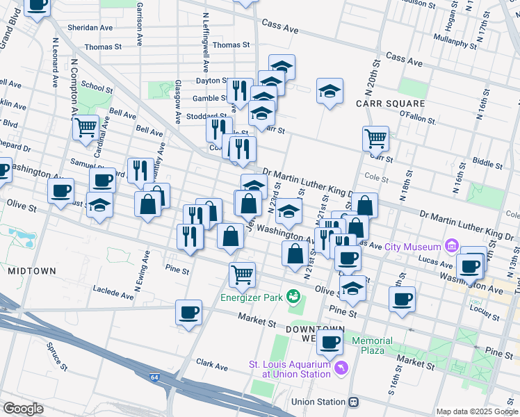 map of restaurants, bars, coffee shops, grocery stores, and more near 706 North Jefferson Avenue in St. Louis