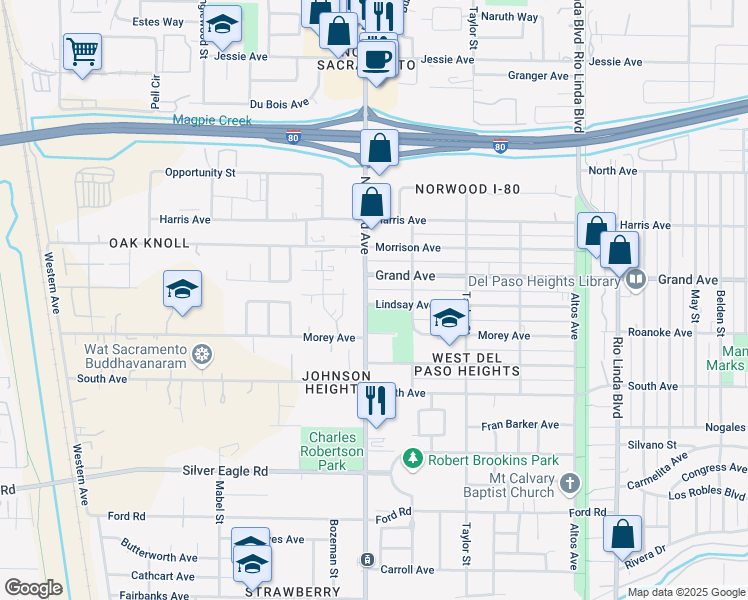 map of restaurants, bars, coffee shops, grocery stores, and more near 411 Lindsay Avenue in Sacramento