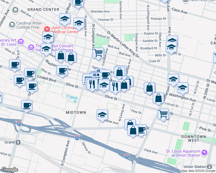 map of restaurants, bars, coffee shops, grocery stores, and more near 3000 Locust Street in St. Louis