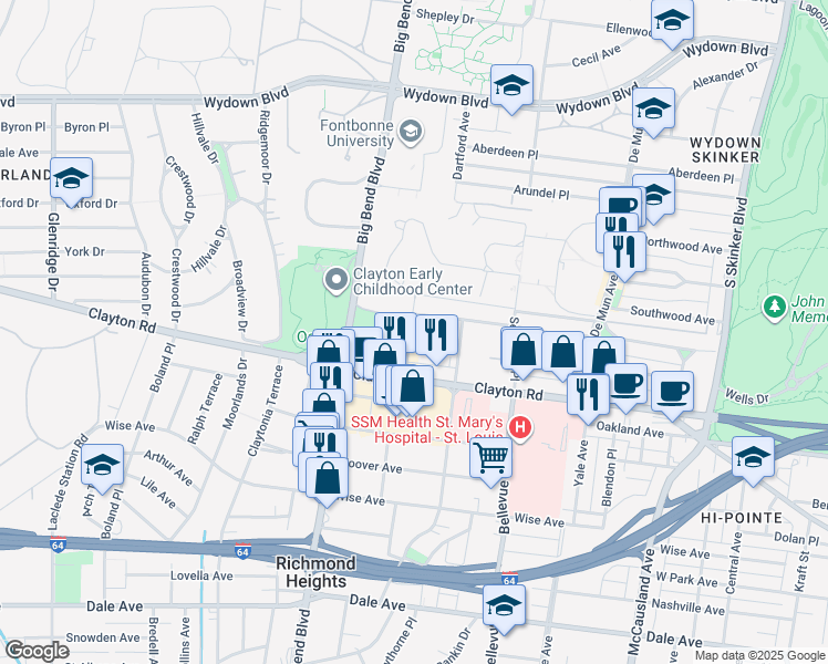map of restaurants, bars, coffee shops, grocery stores, and more near 925 Concordia Lane in Clayton