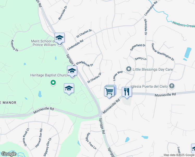 map of restaurants, bars, coffee shops, grocery stores, and more near 5637 Saint Charles Drive in Woodbridge