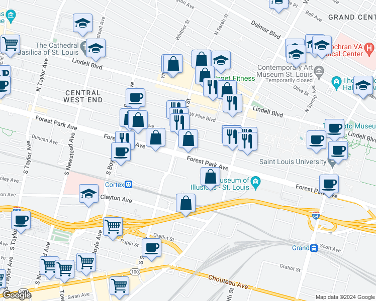 map of restaurants, bars, coffee shops, grocery stores, and more near 4041 Forest Park Avenue in St. Louis