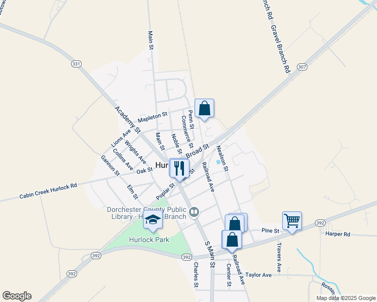 map of restaurants, bars, coffee shops, grocery stores, and more near 201 Maryland 307 in Hurlock