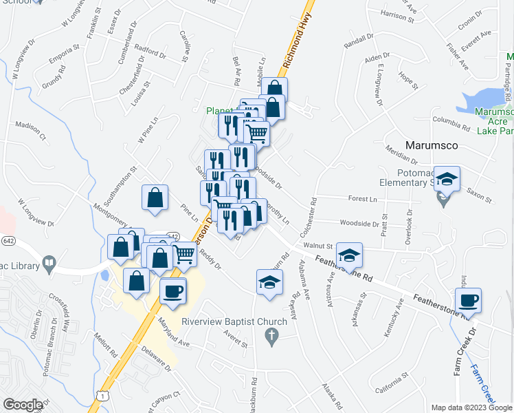 map of restaurants, bars, coffee shops, grocery stores, and more near 1714 Featherstone Road in Woodbridge