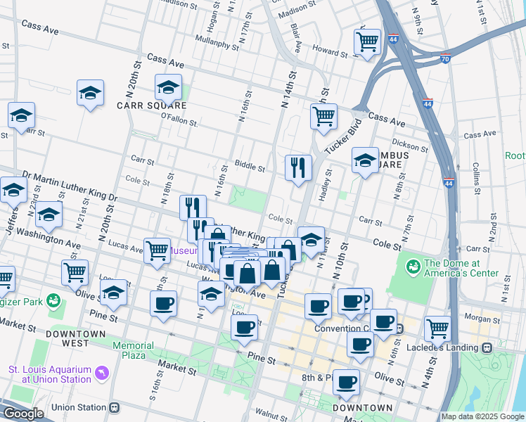 map of restaurants, bars, coffee shops, grocery stores, and more near 953 North 14th Street in St. Louis
