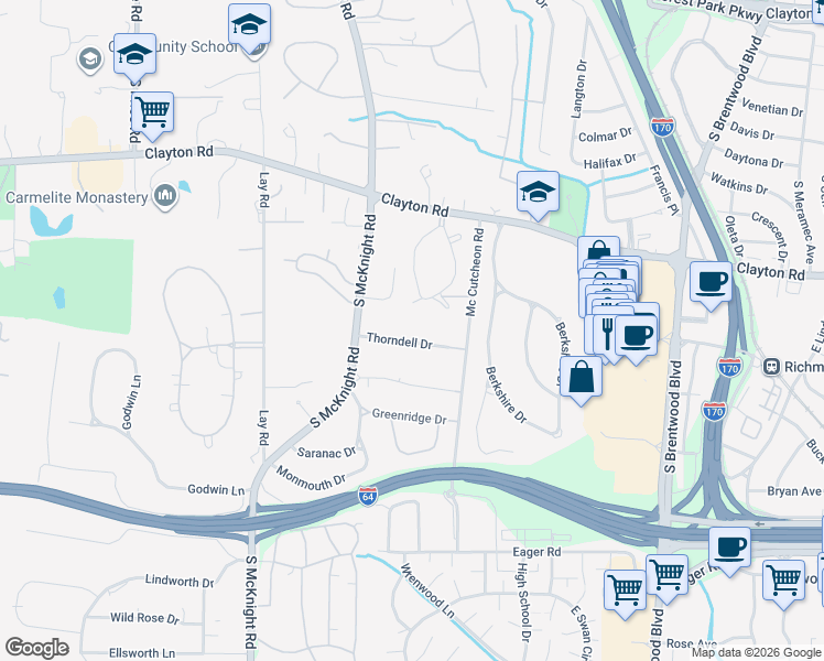 map of restaurants, bars, coffee shops, grocery stores, and more near 20 Thorndell Drive in Richmond Heights
