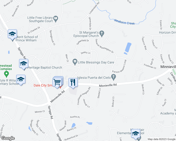 map of restaurants, bars, coffee shops, grocery stores, and more near 5301 Saphire Court in Woodbridge