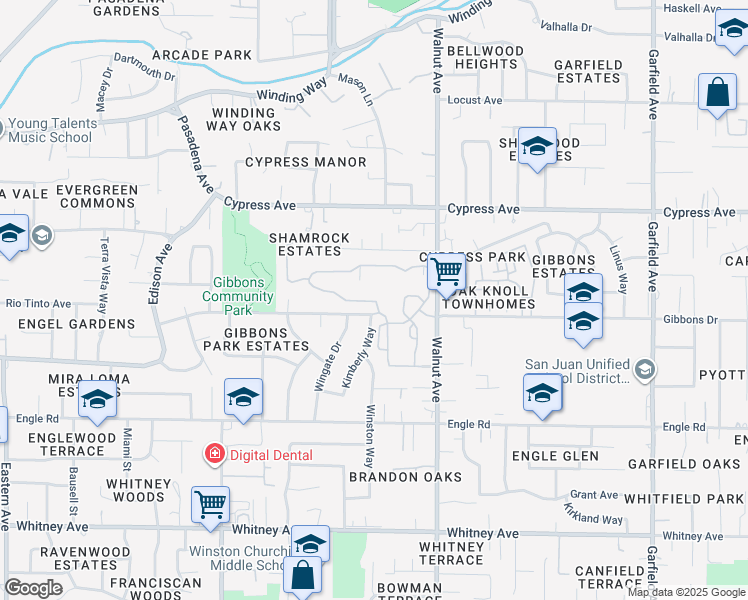 map of restaurants, bars, coffee shops, grocery stores, and more near 4941 Gibbons Drive in Carmichael