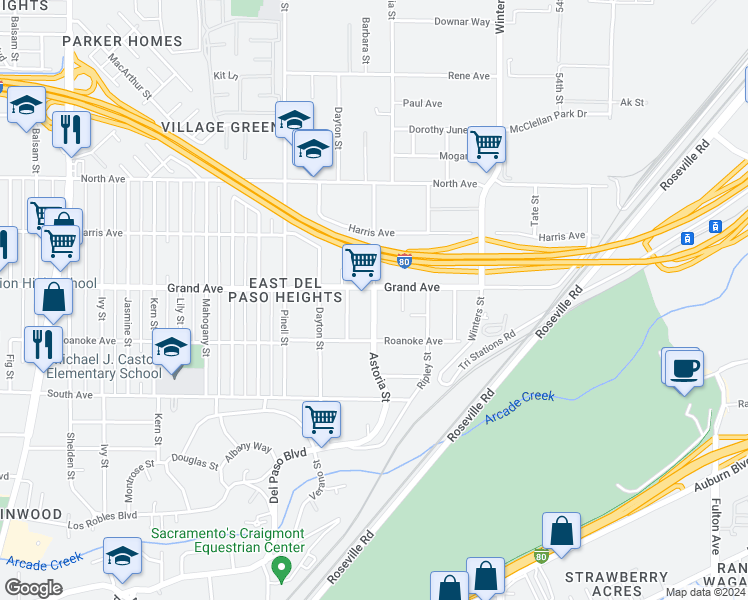 map of restaurants, bars, coffee shops, grocery stores, and more near 3732 Astoria Street in Sacramento