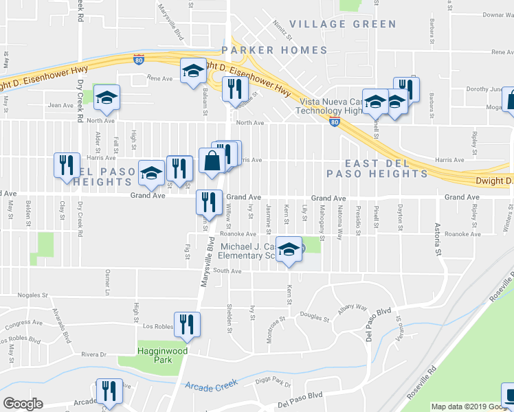map of restaurants, bars, coffee shops, grocery stores, and more near 3719 Ivy Street in Sacramento