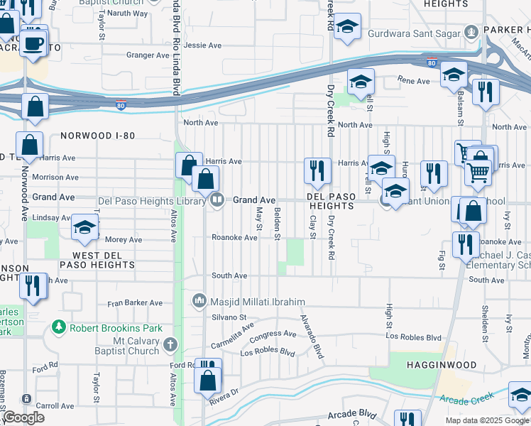 map of restaurants, bars, coffee shops, grocery stores, and more near 3717 May Street in Sacramento