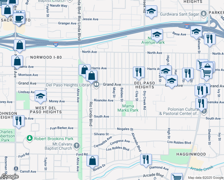 map of restaurants, bars, coffee shops, grocery stores, and more near 3717 May Street in Sacramento