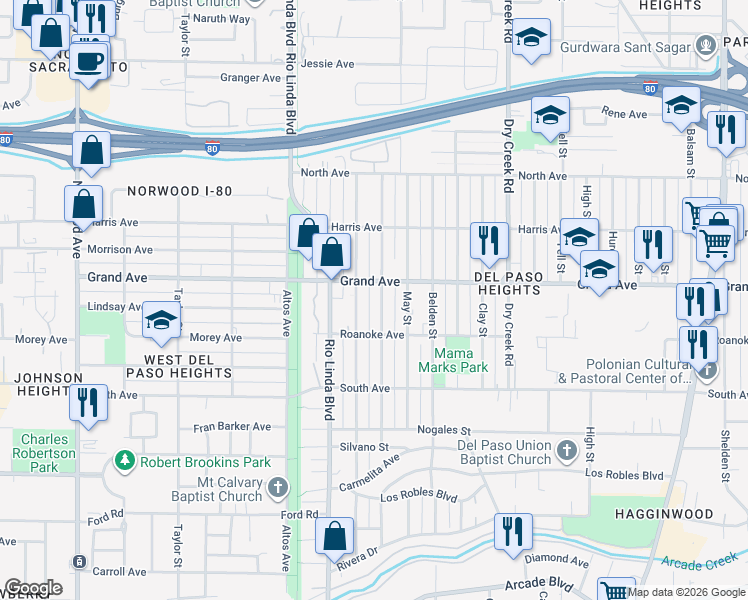 map of restaurants, bars, coffee shops, grocery stores, and more near 3716 Cypress Street in Sacramento