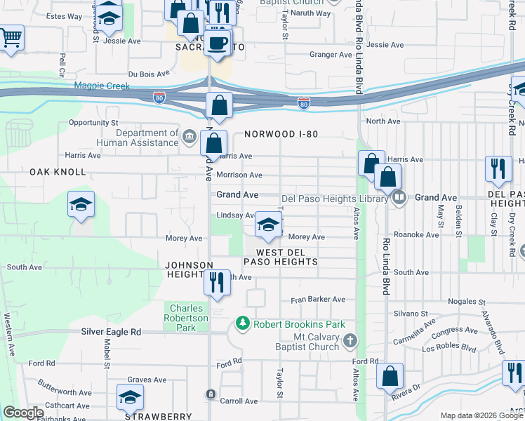 map of restaurants, bars, coffee shops, grocery stores, and more near 548 Lindsay Avenue in Sacramento