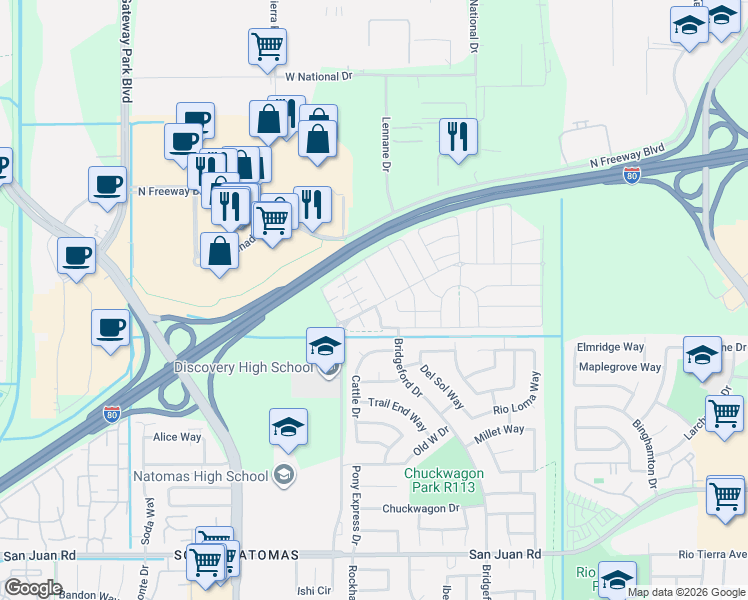 map of restaurants, bars, coffee shops, grocery stores, and more near 12 Ardenglen Court in Sacramento
