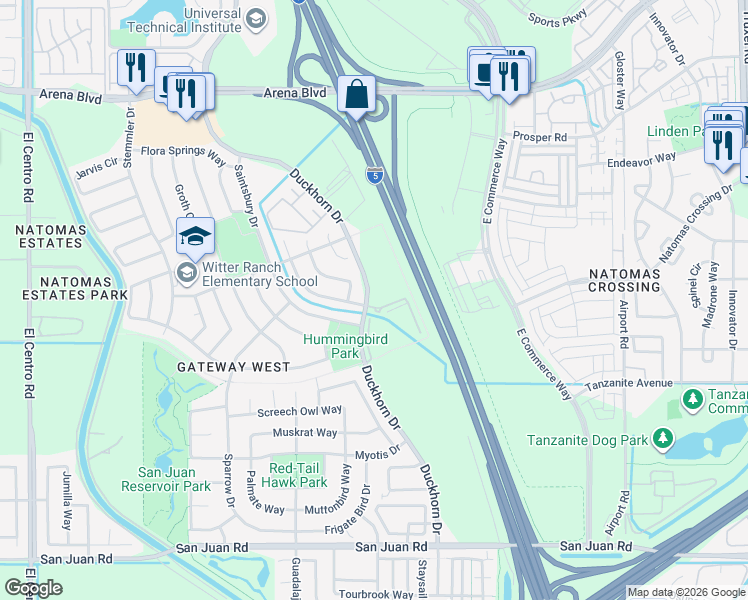 map of restaurants, bars, coffee shops, grocery stores, and more near 3600 Saintsbury Drive in Sacramento