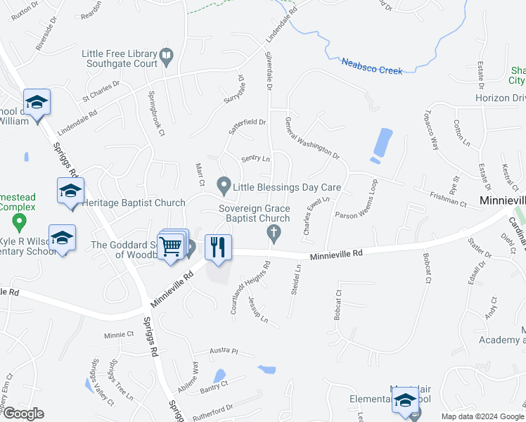 map of restaurants, bars, coffee shops, grocery stores, and more near 5301 Saphire Court in Woodbridge