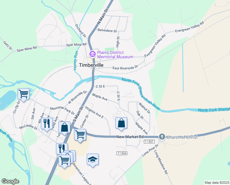 map of restaurants, bars, coffee shops, grocery stores, and more near 197 Maple Avenue in Timberville