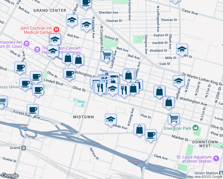 map of restaurants, bars, coffee shops, grocery stores, and more near 3000 Locust Street in St. Louis