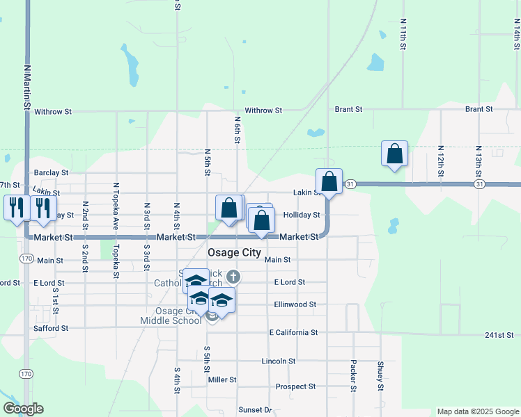 map of restaurants, bars, coffee shops, grocery stores, and more near 630 Holliday St in Osage City