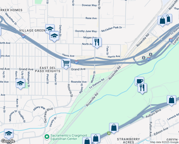 map of restaurants, bars, coffee shops, grocery stores, and more near 3748 Cameron Road in Sacramento