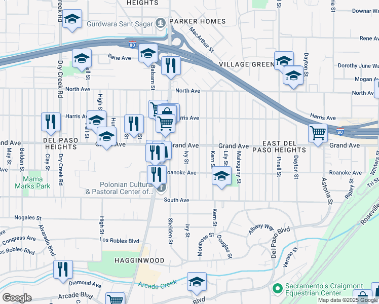 map of restaurants, bars, coffee shops, grocery stores, and more near 3719 Ivy Street in Sacramento