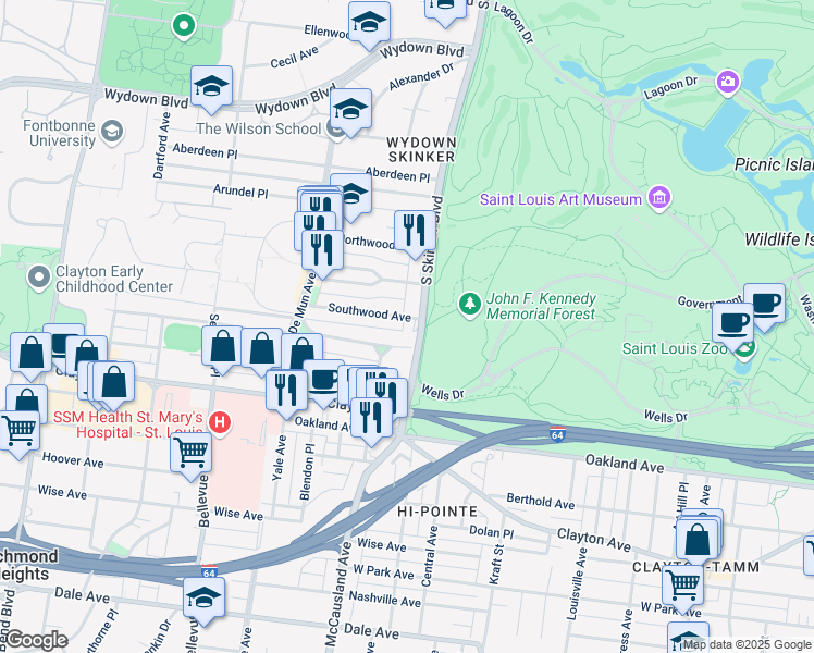 map of restaurants, bars, coffee shops, grocery stores, and more near 801 South Skinker Boulevard in St. Louis
