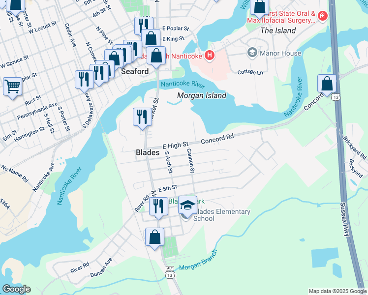 map of restaurants, bars, coffee shops, grocery stores, and more near 201 East 2nd Street in Seaford