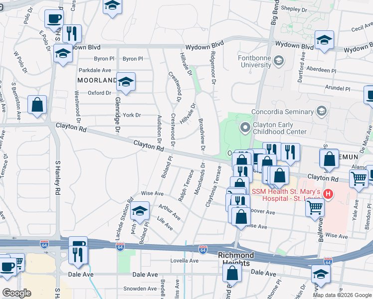 map of restaurants, bars, coffee shops, grocery stores, and more near 7240 Clayton Road in Clayton